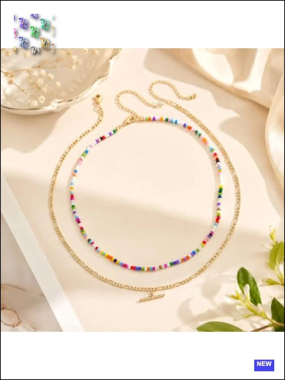 Seed Beaded Layered Necklace Set 14K Gold Plated Figaro Chain Bar Pendant